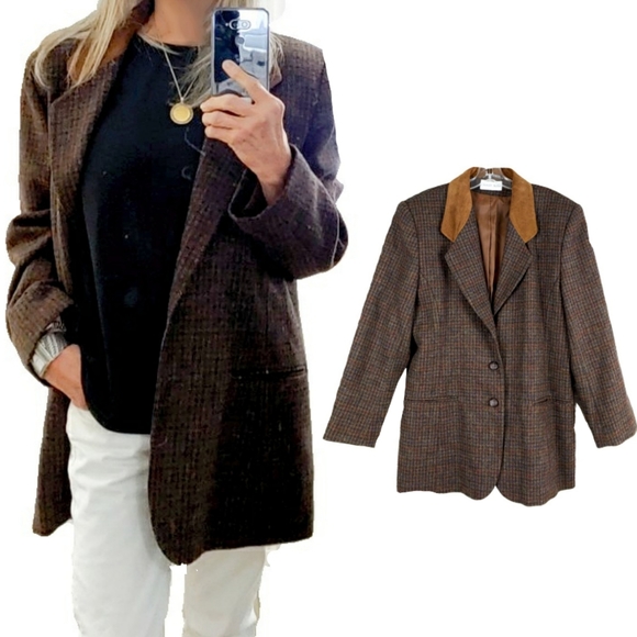 Charles Klein Jackets & Blazers - CHARLES KLEIN PLUS 14 WOOL TWEED LTHR COLLAR JACKT